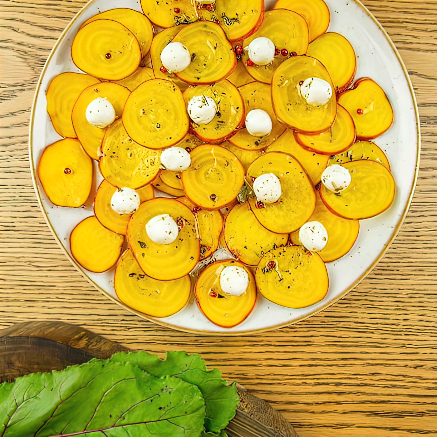 Carpaccio de beterraba amarela com queijo de cabra